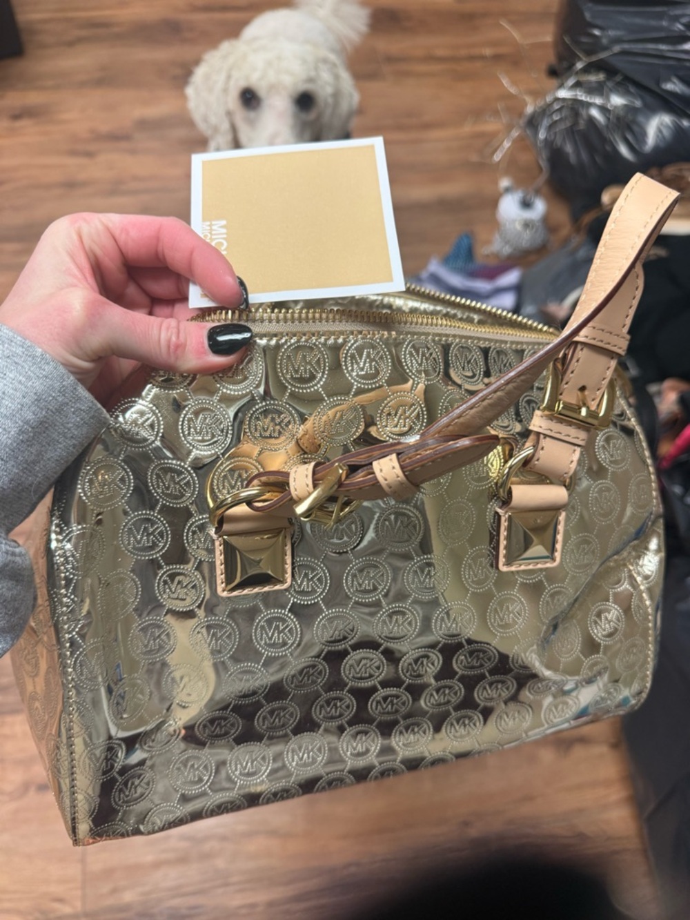 Michael Kors Metallic Gold MK Monogram Satchel with Natural Trim